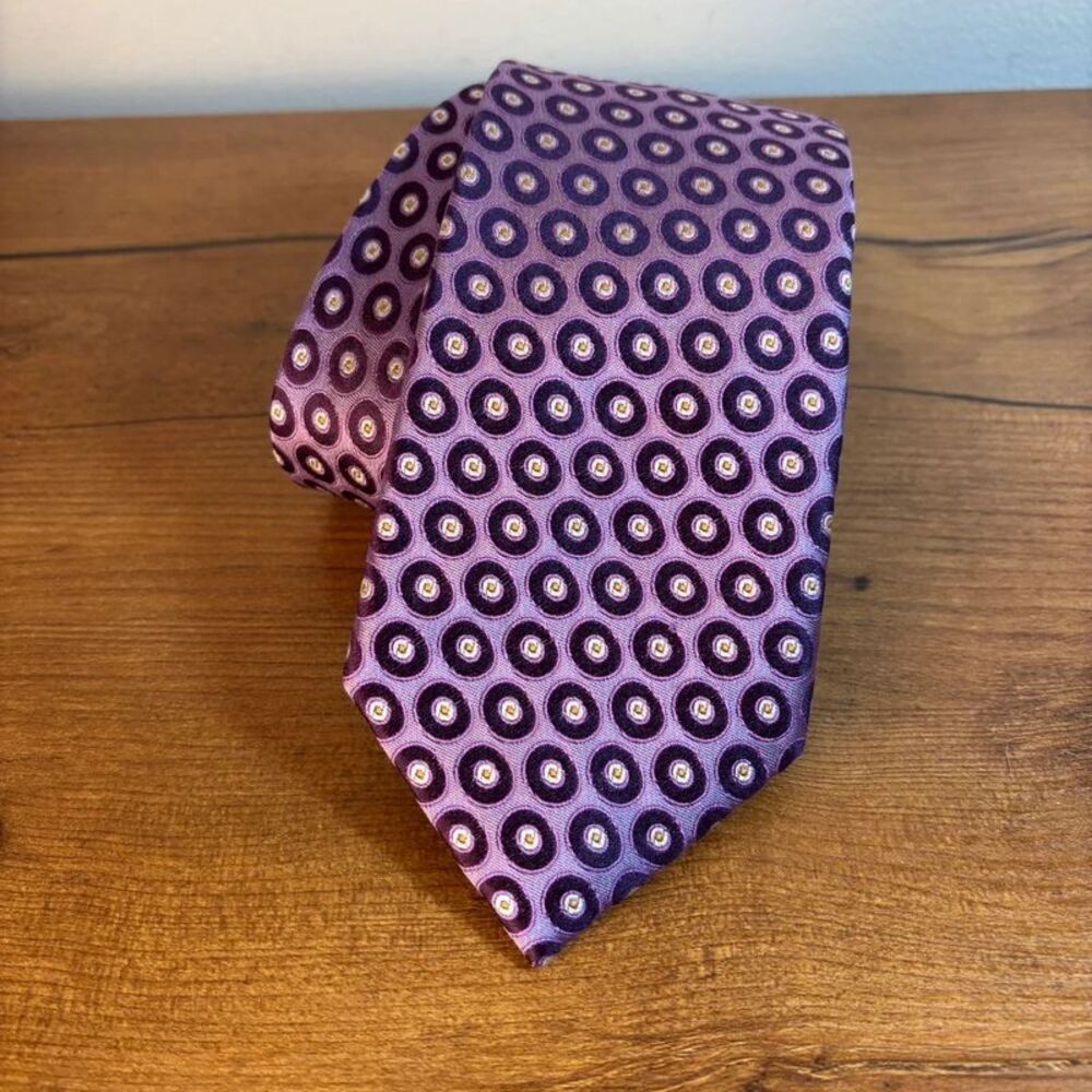 Saks Fifth Avenue Men Silk Tie Purple Geometric Circle Medallion Pattern Necktie
